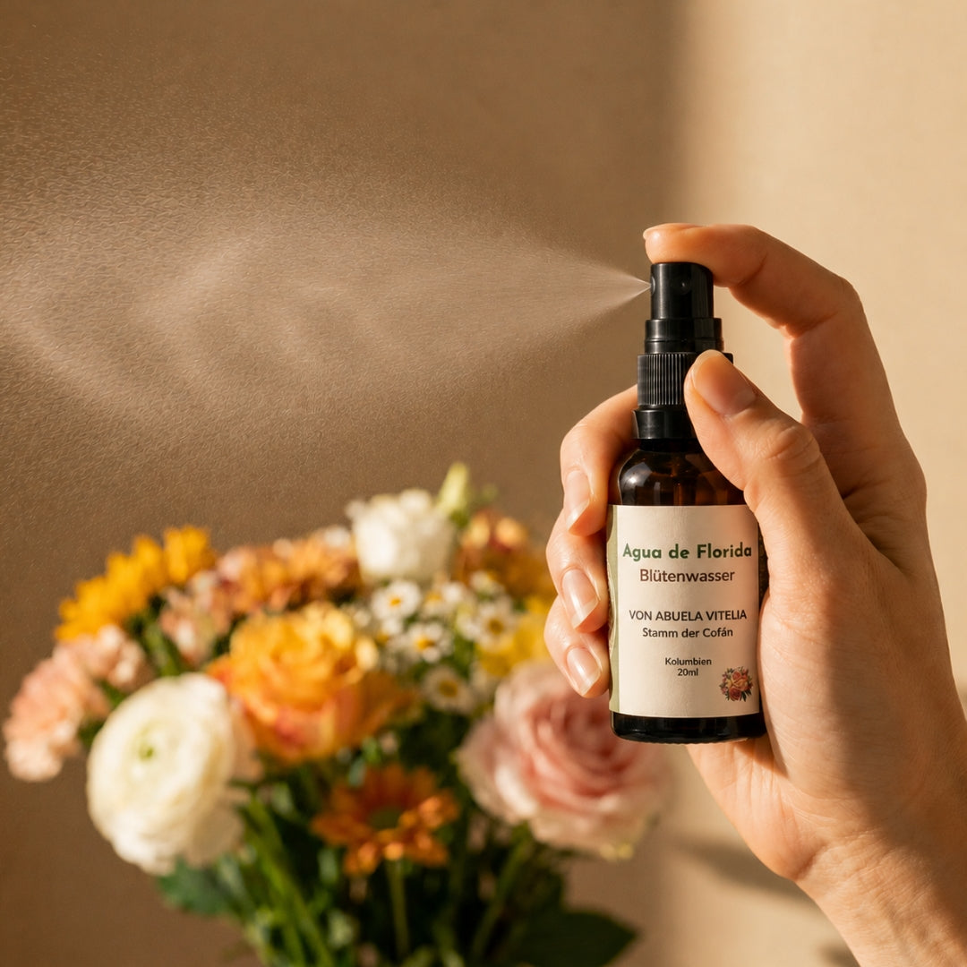 Agua de Florida von Abuela Vitelia vom Stamm der Kofan aus Kolumbien, zeremonielles Blütenwasser, Raumspray, Auraspray, Duftspray für Rituale