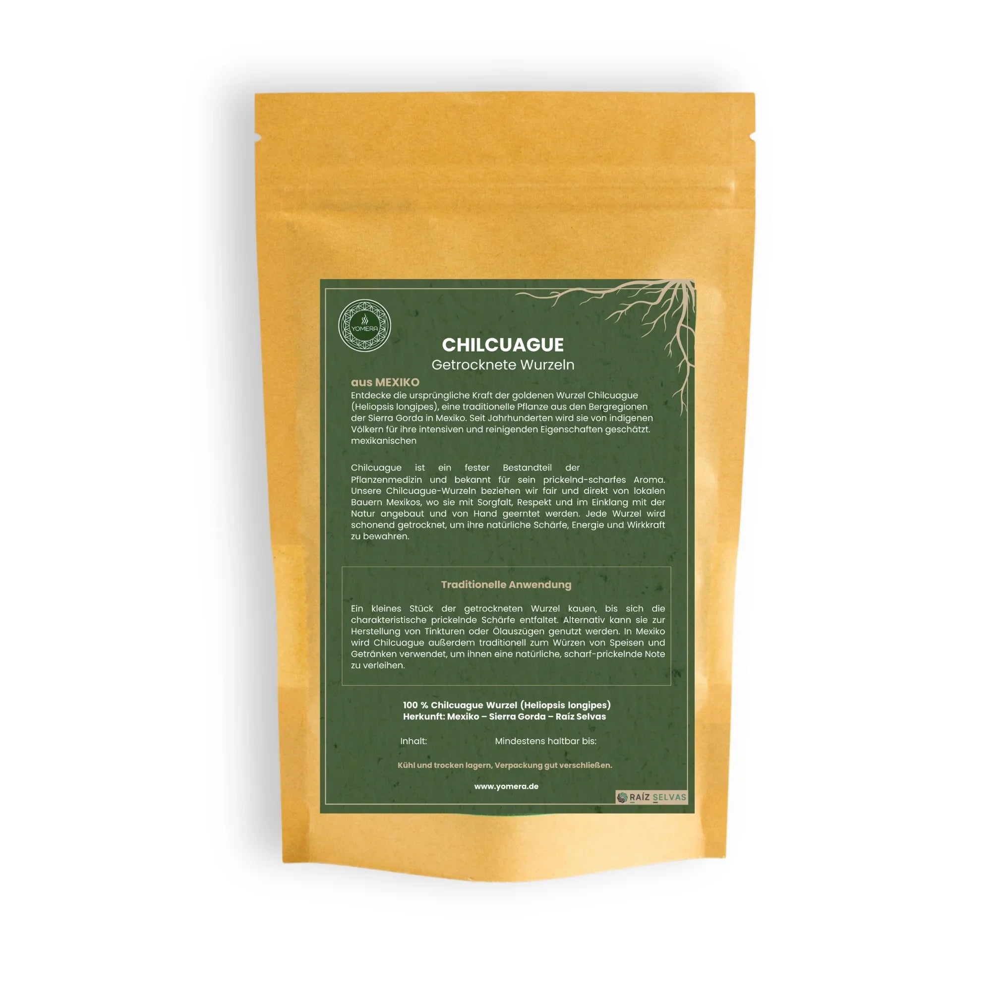 Chilcuague Wurzeln, golden root, Heliopsis longipes, aztekische Goldwurzel aus Mexiko, getrocknet verzehrfertig in Tüte, Produkt, Anleitung