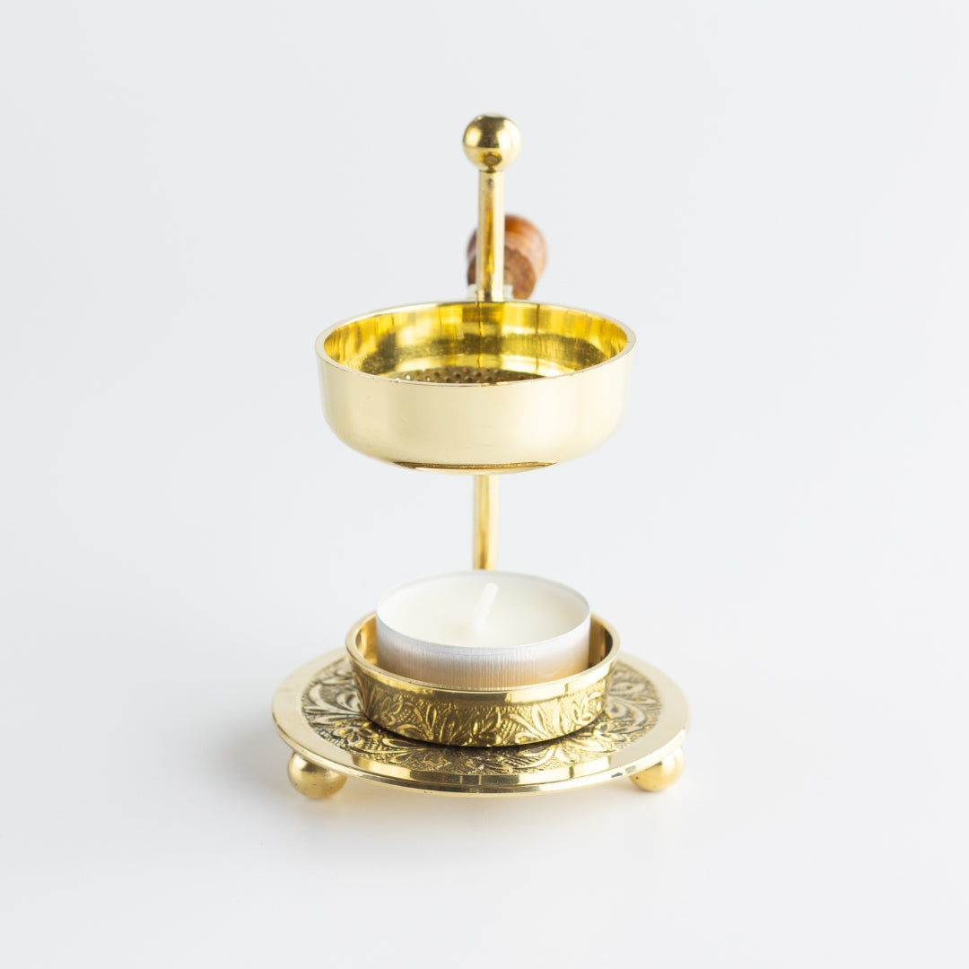Räucherstövchen verstellbar Messing in gold mit Sieb zum räuchern mit Kerze