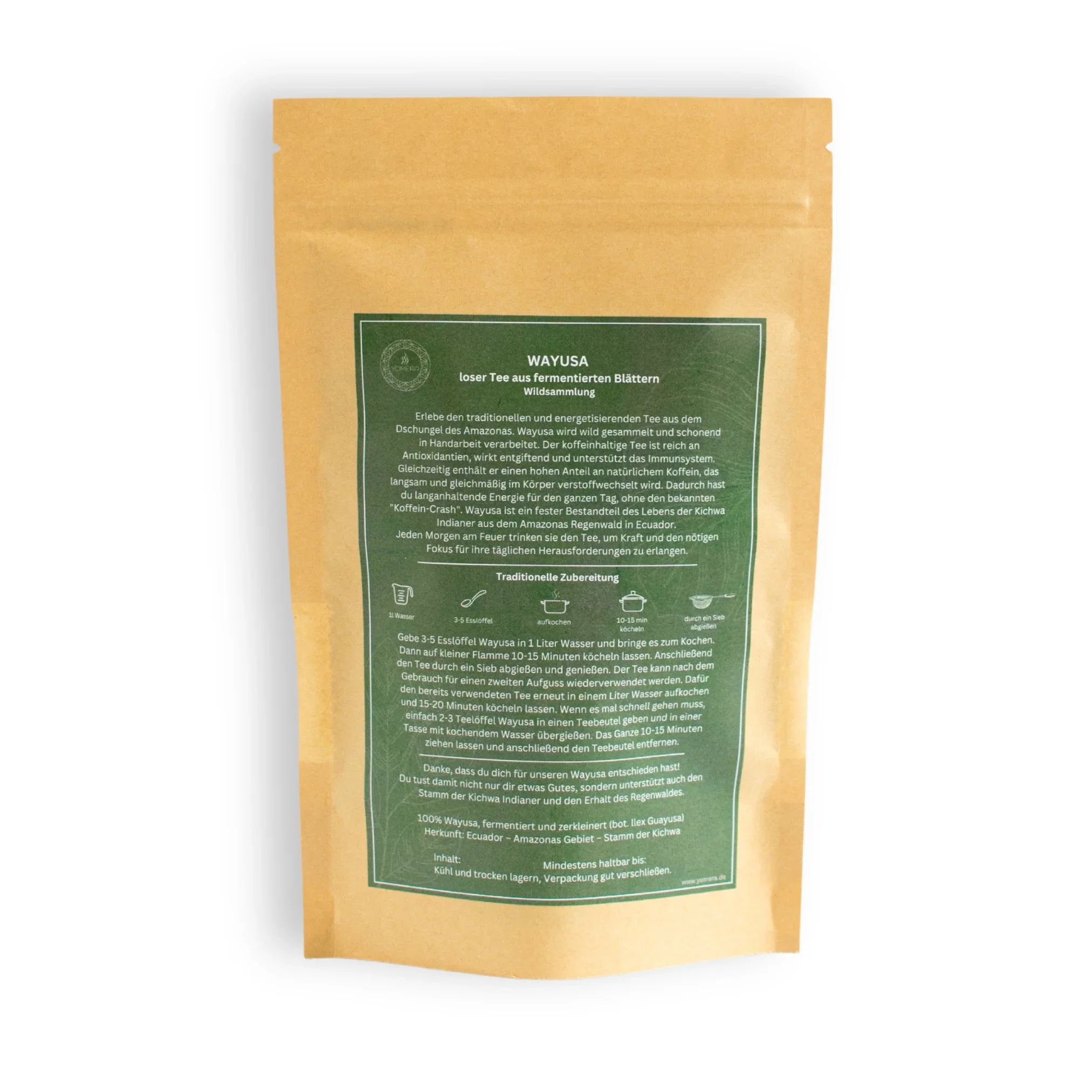 Wayusa, Guayusa, Ilex Guayusa, Wildsammlung, Energie Tee aus Ecuador vom Stamm der Kichwa, Mate, Kaffeeersatz, getrocknete Blätter ohne Zusatzstoffe, Wayusa in Tüte 100g, Guya, Matchachin, Info, Anleitung